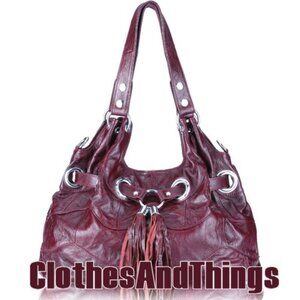 Leather Red Wine Grommeted Handbag - NEW